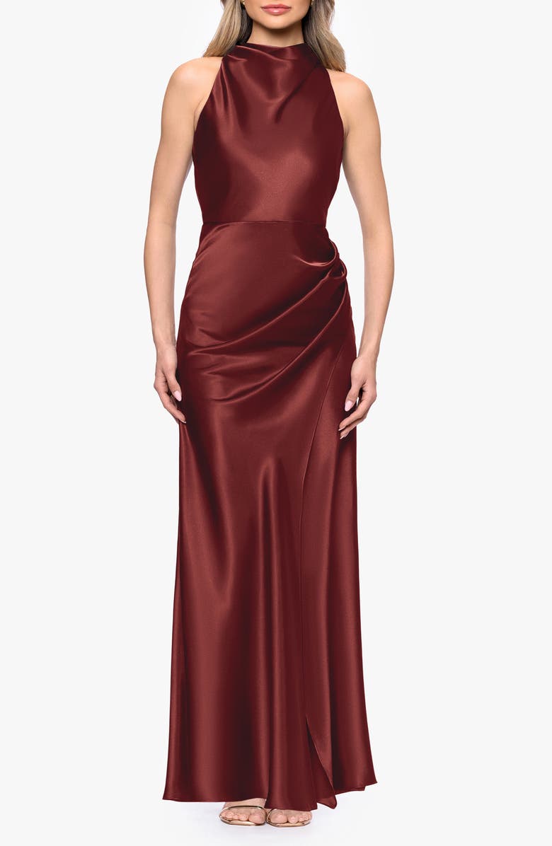 Betsy & Adam Ruched Sleeveless Satin Charmeuse Gown, Main, color, Nutmeg