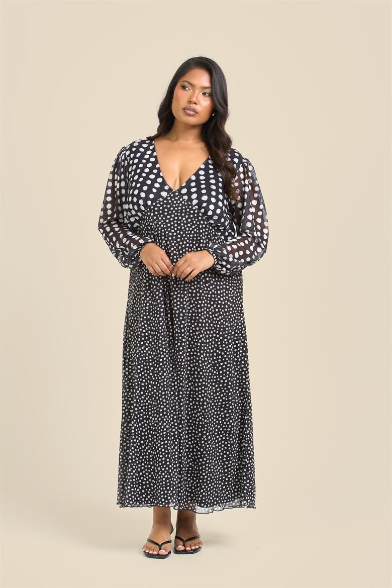 Long Sleeved Polka Dot Midi Dress, Alternate, color, Black