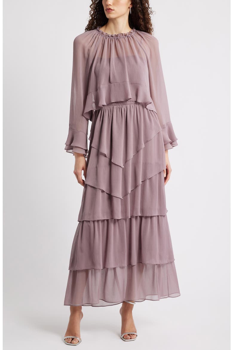 Tiered Ruffle Chiffon Cape Dress, Main, color, MAUVE