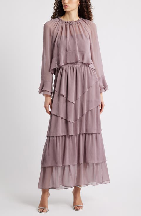 Tiered Ruffle Chiffon Cape Dress
