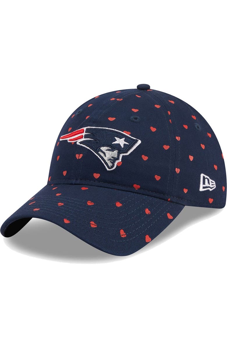 New Era Girls Youth New Era Navy New England Patriots Hearts 9TWENTY Adjustable Hat, Main, color,