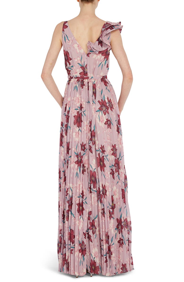 ML Monique Lhuillier Ruffle Shoulder Floral Chiffon Gown, Alternate, color, 
