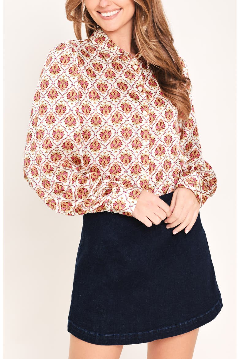 Print Satin Shirt, Alternate, color, BURGUNDY