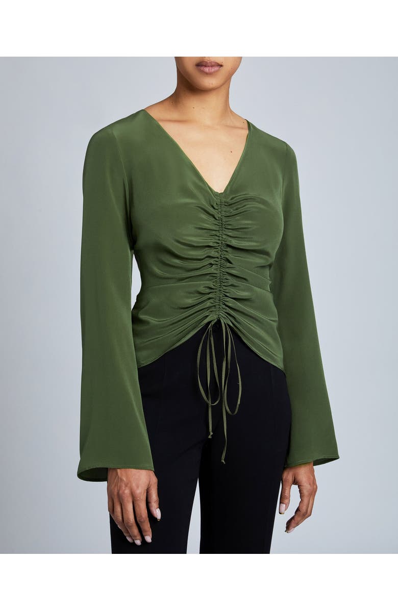 Santorelli RAVELA Bell Sleeve Silk Blouse with Front Center Drawstring, Alternate, color,