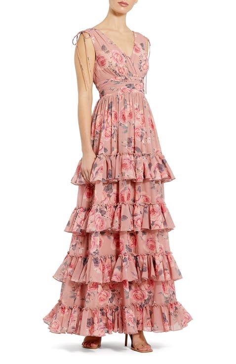 Drawstring Shoulder Floral Chiffon Tiered Gown