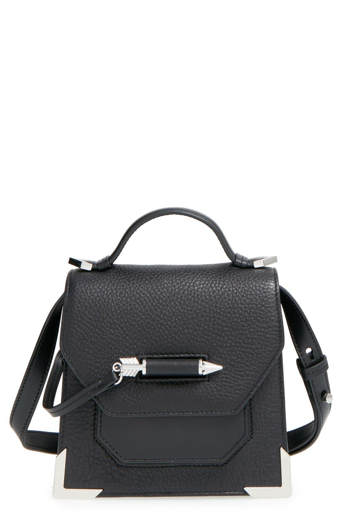 'Mini Rubie' Crossbody Satchel, Main, color, BLACK/ SHINY NICKEL