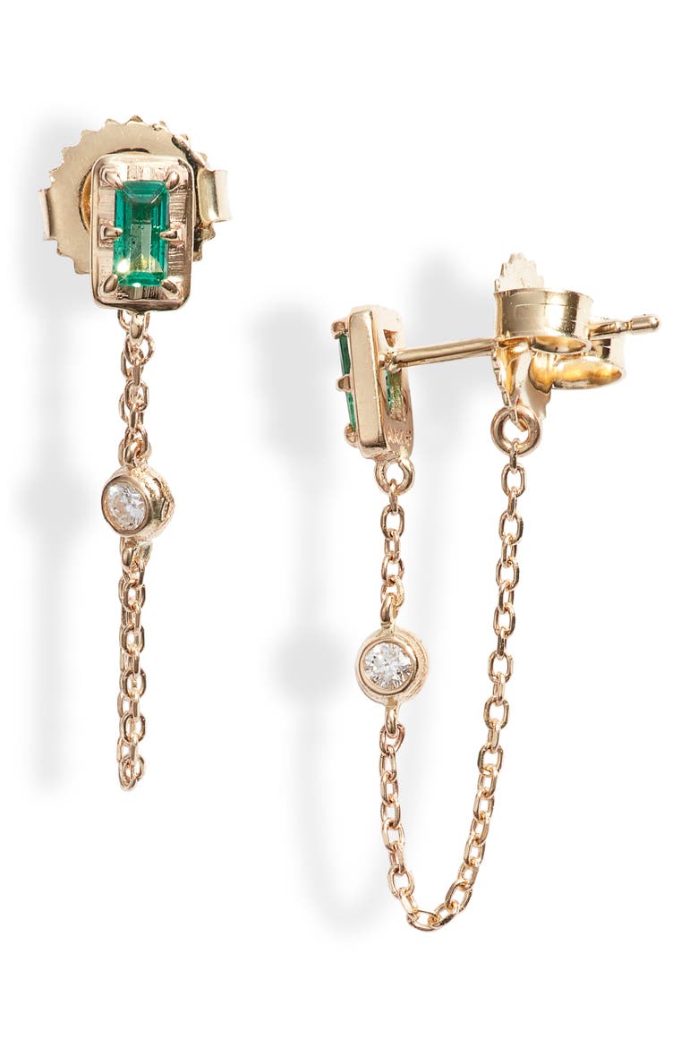 Clo Emerald Baguette Chain Detail Stud Earrings, Main, color, GREEN