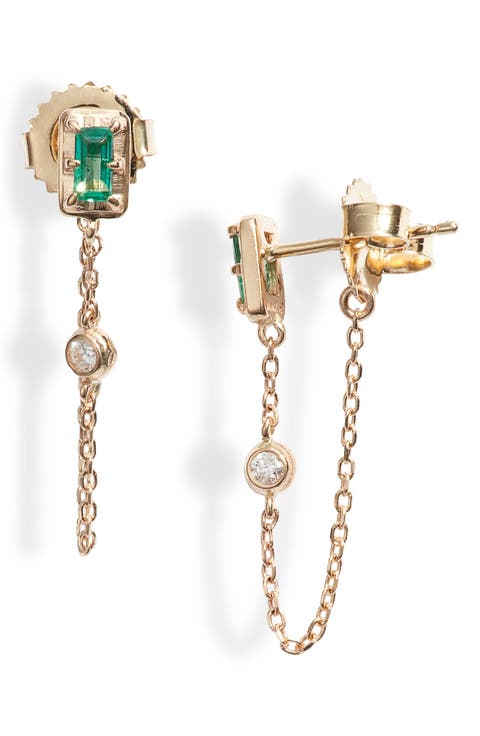Clo Emerald Baguette Chain Detail Stud Earrings