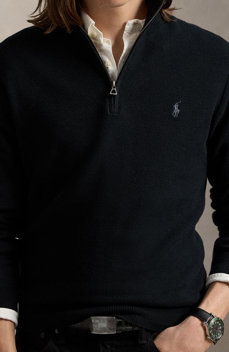 Polo Ralph Lauren Solid Cotton Piqué Quarter Zip Sweater, Alternate, color, Polo Black/ Tonal Pp