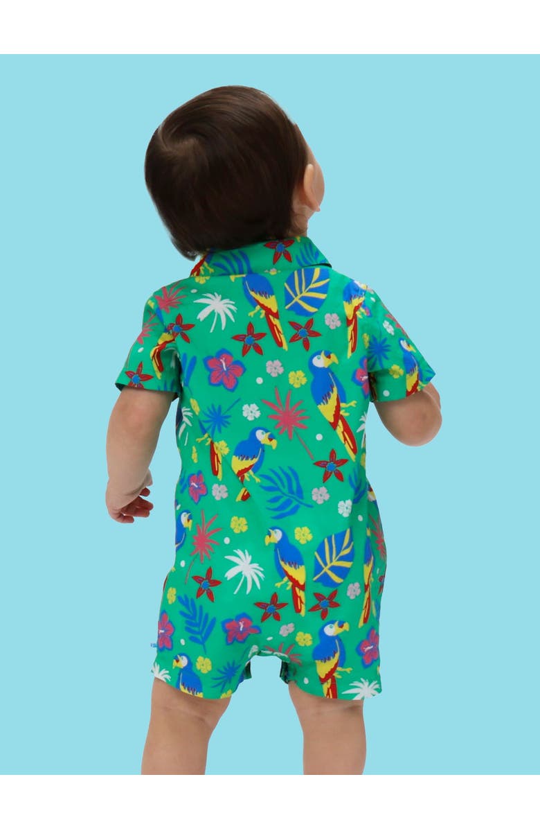 RuggedButts Baby Boys Woven Short Sleeve Button-Up Romper, Alternate, color, Parrot Palms