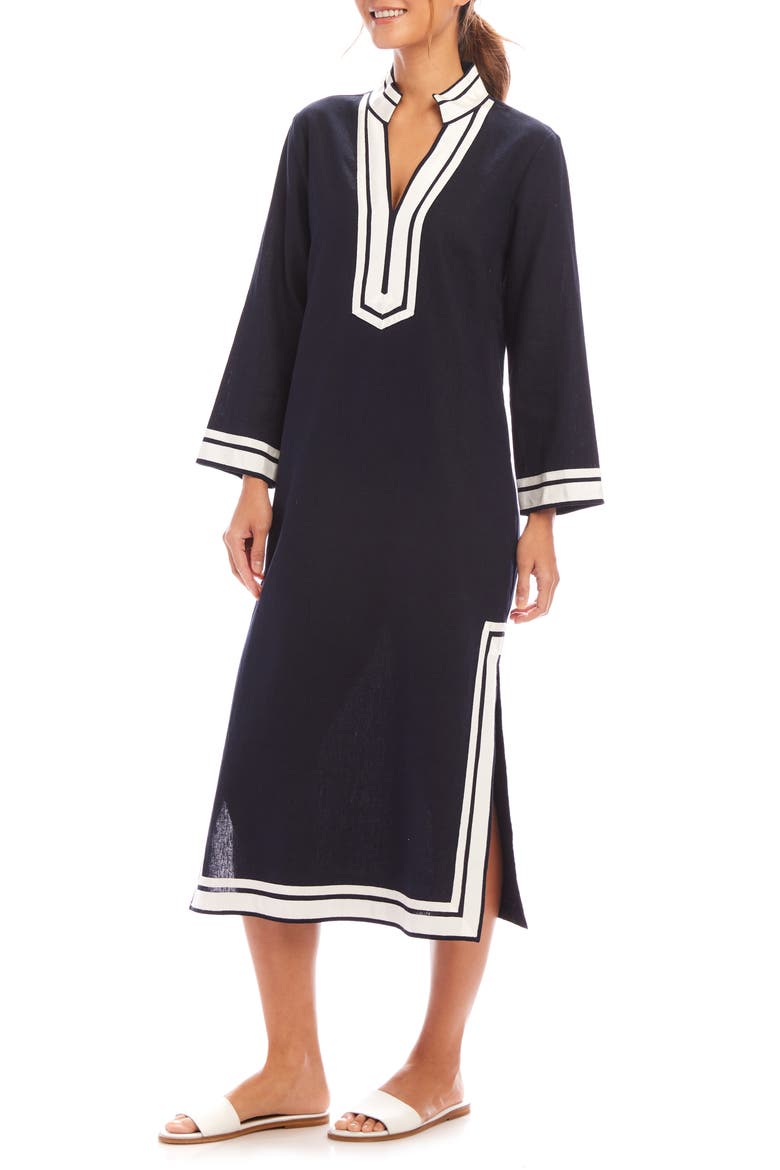 The St. Tropez Long Sleeve Linen Blend Midi Dress, Alternate, color, NAVY W/ OFF WHITE