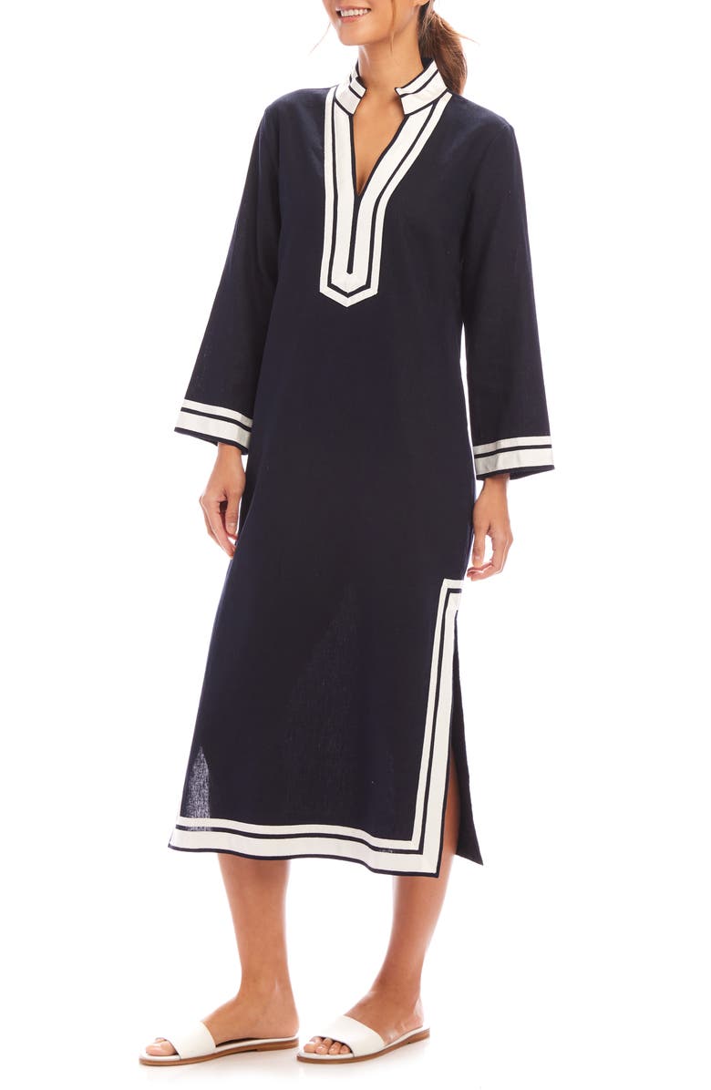 Karen Kane The St. Tropez Long Sleeve Linen Blend Midi Dress, Alternate, color, Navy W/ Off White