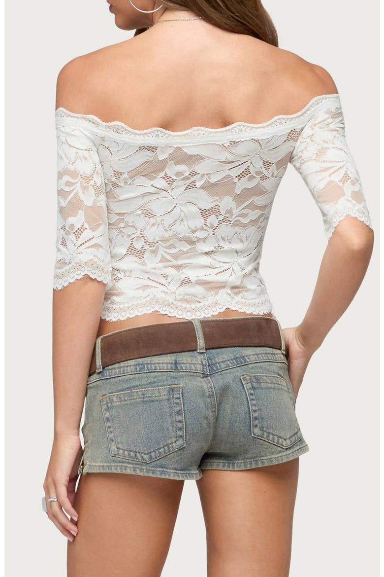 Dyna Lace Off the Shoulder Crop Top, Alternate, color, CREAM