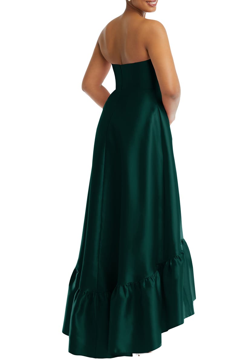 Alfred Sung Strapless Ruffle High-Low Satin Gown, Alternate, color, Evergreen