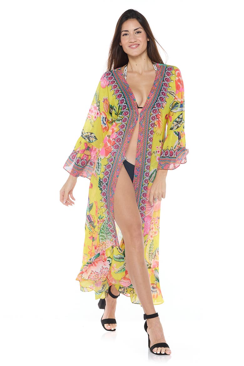 Floral Print Ruffle Cover-Up Duster, Alternate, color, YELLOW