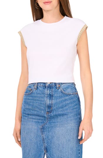 Vince Camuto Open Knit Trim Cap Sleeve T-shirt In White