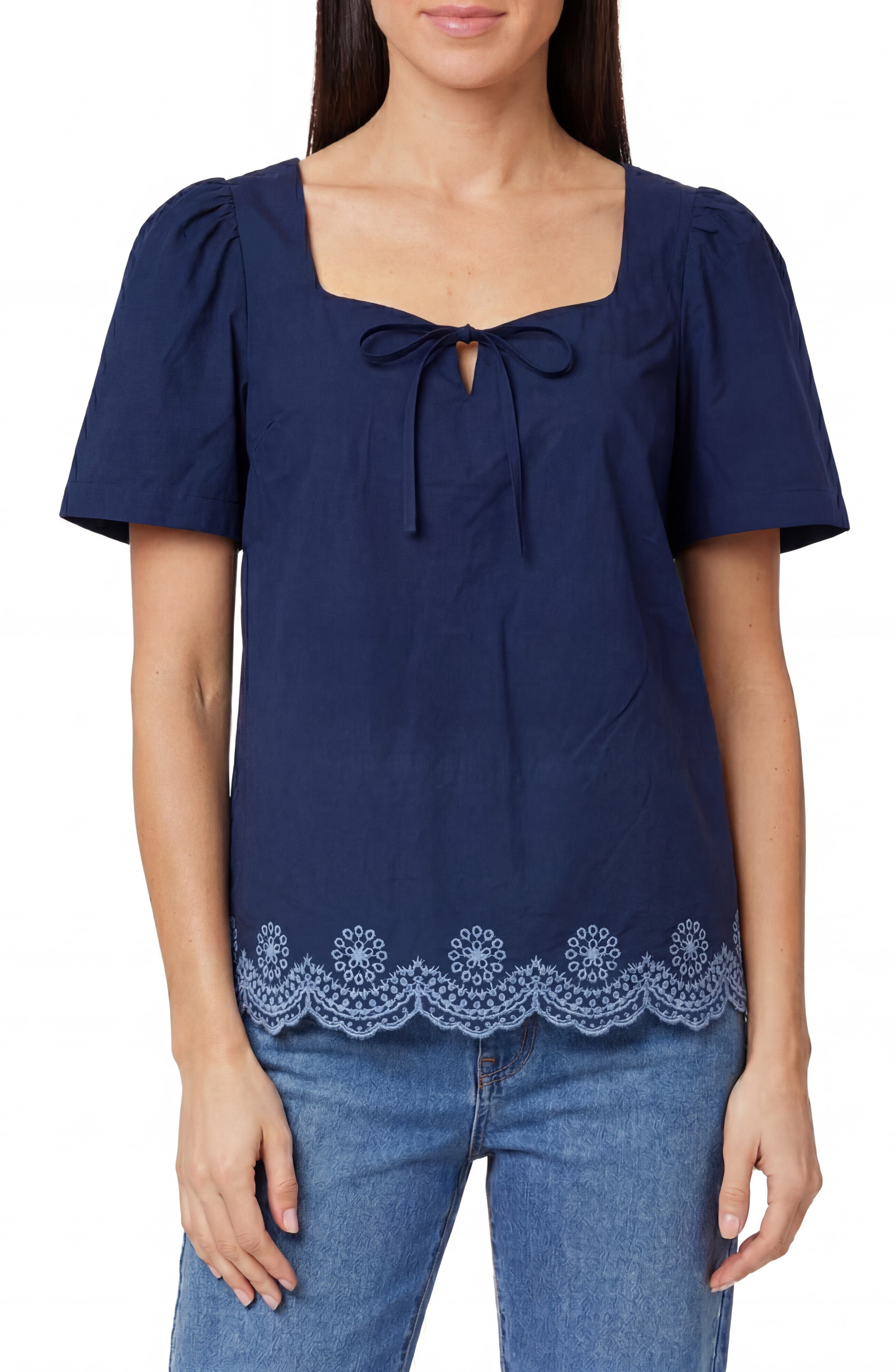 Kensie Short Sleeve Embroidered Eyelet Cotton Poplin Top