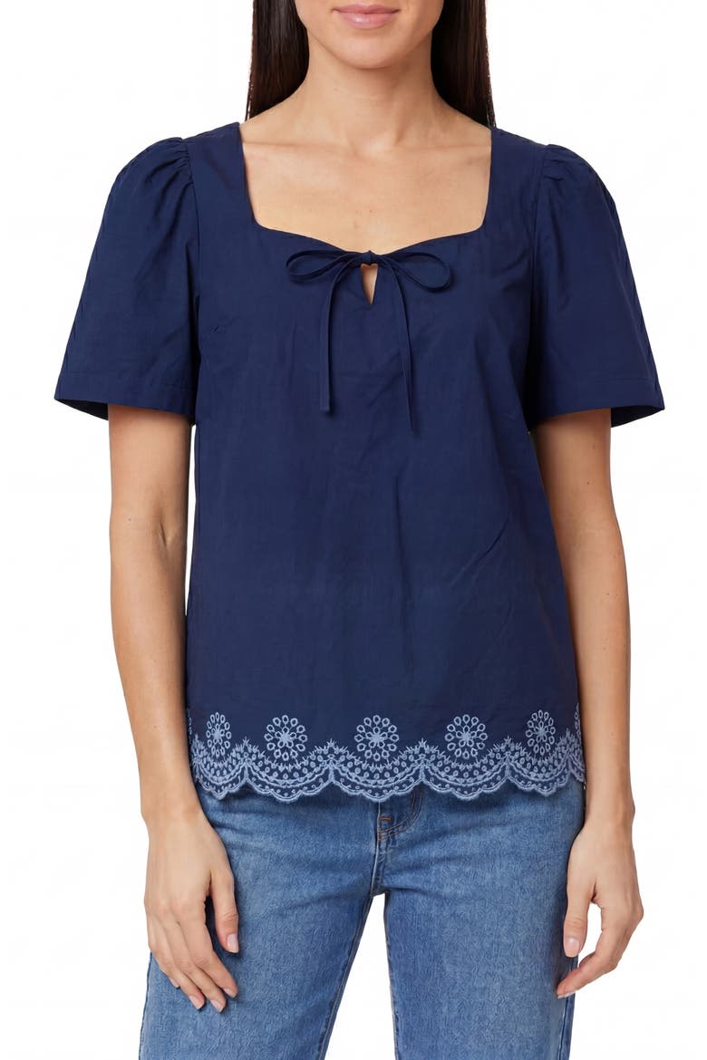 Short Sleeve Embroidered Eyelet Cotton Poplin Top, Main, color, MEDVAL BLUE