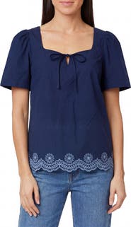 Kensie Short Sleeve Embroidered Eyelet Cotton Poplin Top