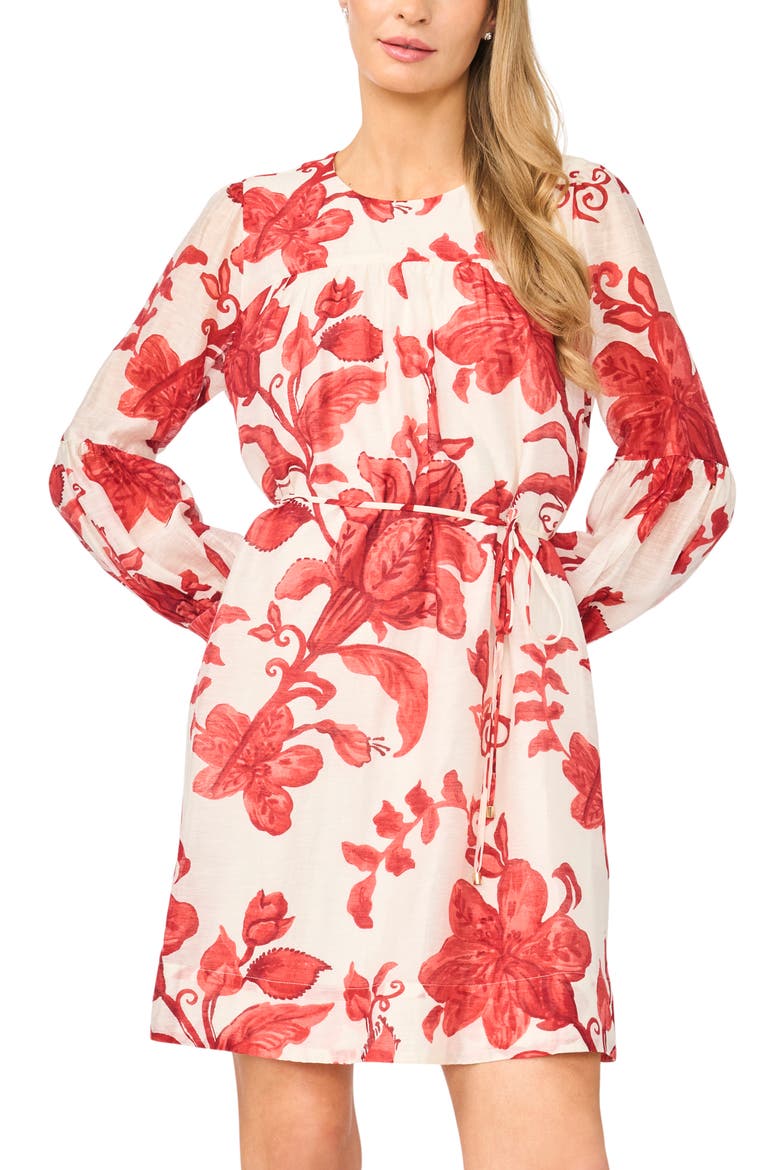 Floral Long Sleeve Dress, Alternate, color, LAVA RED