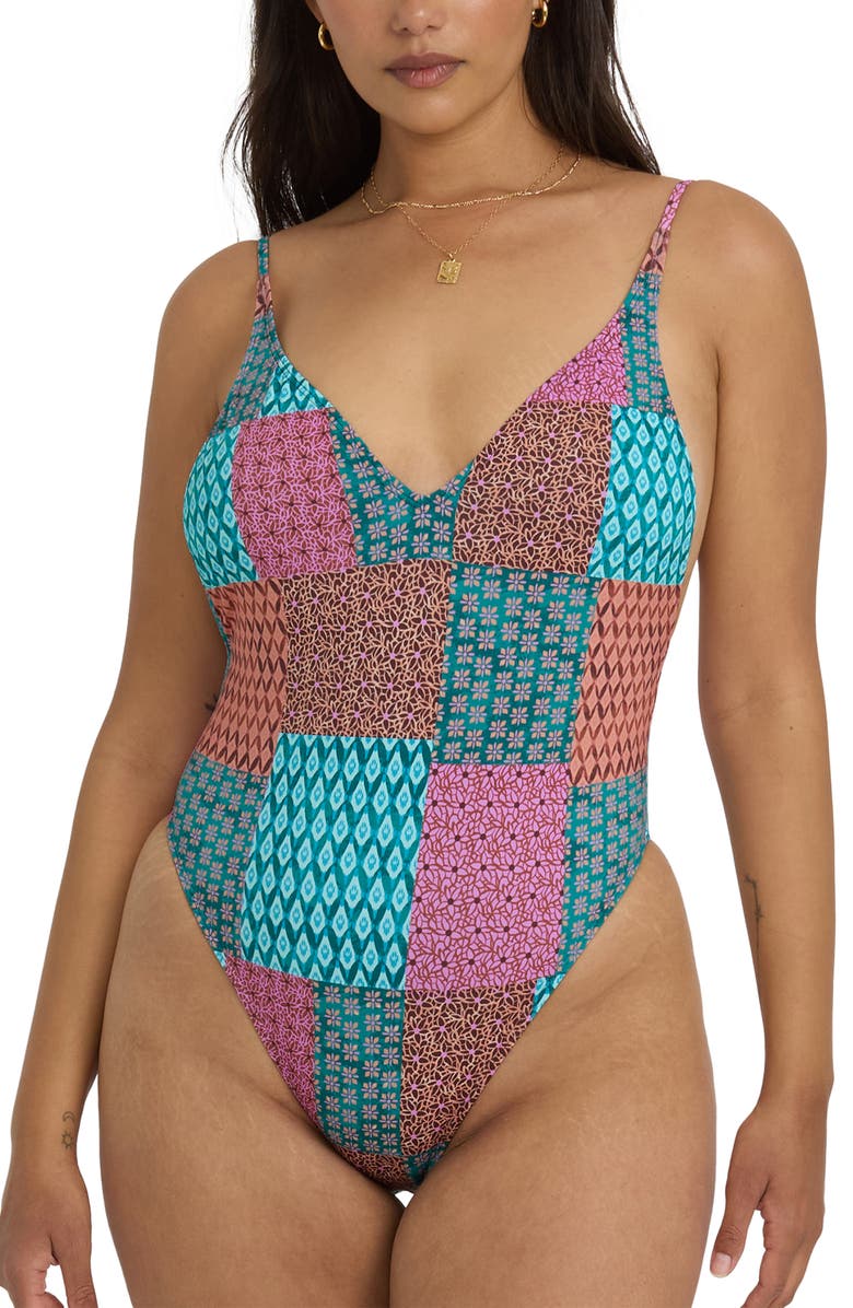 Billabong Patch it Up Deep V-Neck One-Piece Swimsuit, Alternate, color, Blue Multi