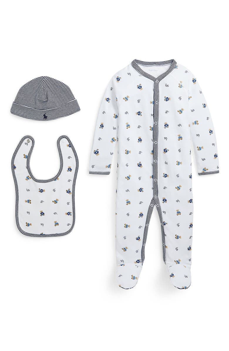 Ralph Lauren Polo Bear Cotton Footie, Bib & Hat Gift Set, Main, color, 