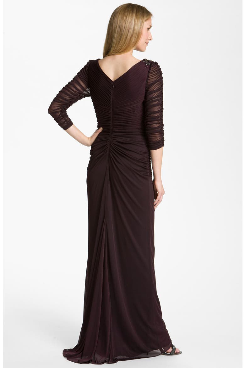 Sheer Sleeve Ruched Mesh Gown, Alternate, color, RAISIN