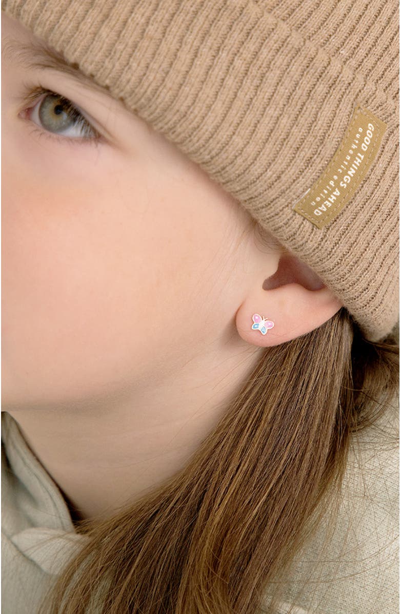 In Season Jewelry 14k Two Tone Colorful Butterfly Earrings, Alternate, color, Pink