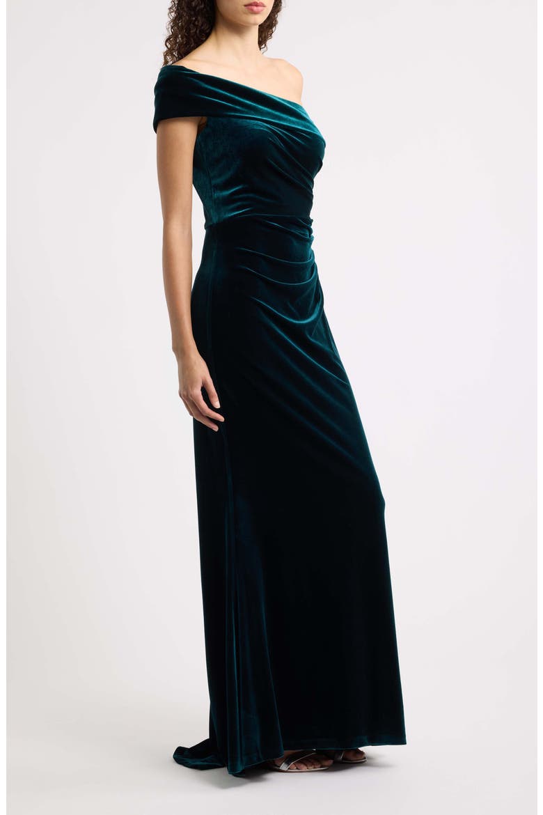 Ruched One-Shoulder Velvet Gown, Alternate, color, HUNTER
