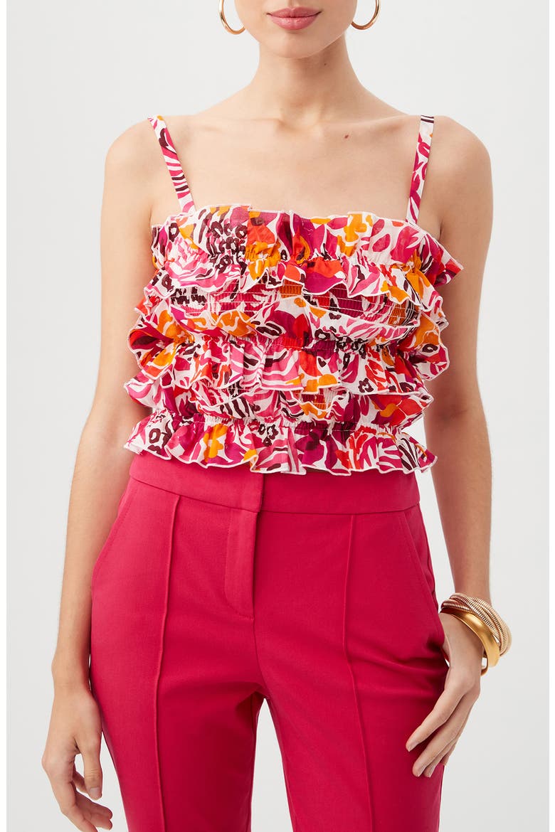 Saha Floral Ruffle Smocked Crop Top, Main, color, ROCKROSE MULTI