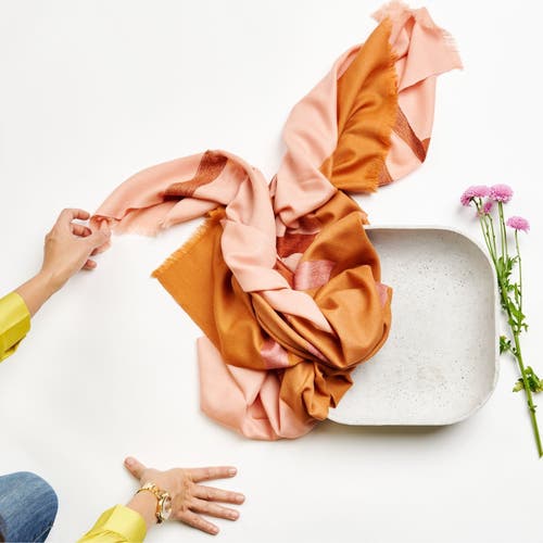Studio Variously Canyon Hand Embroidered Hand Woven Merino Silk Soft Scarf In Orange