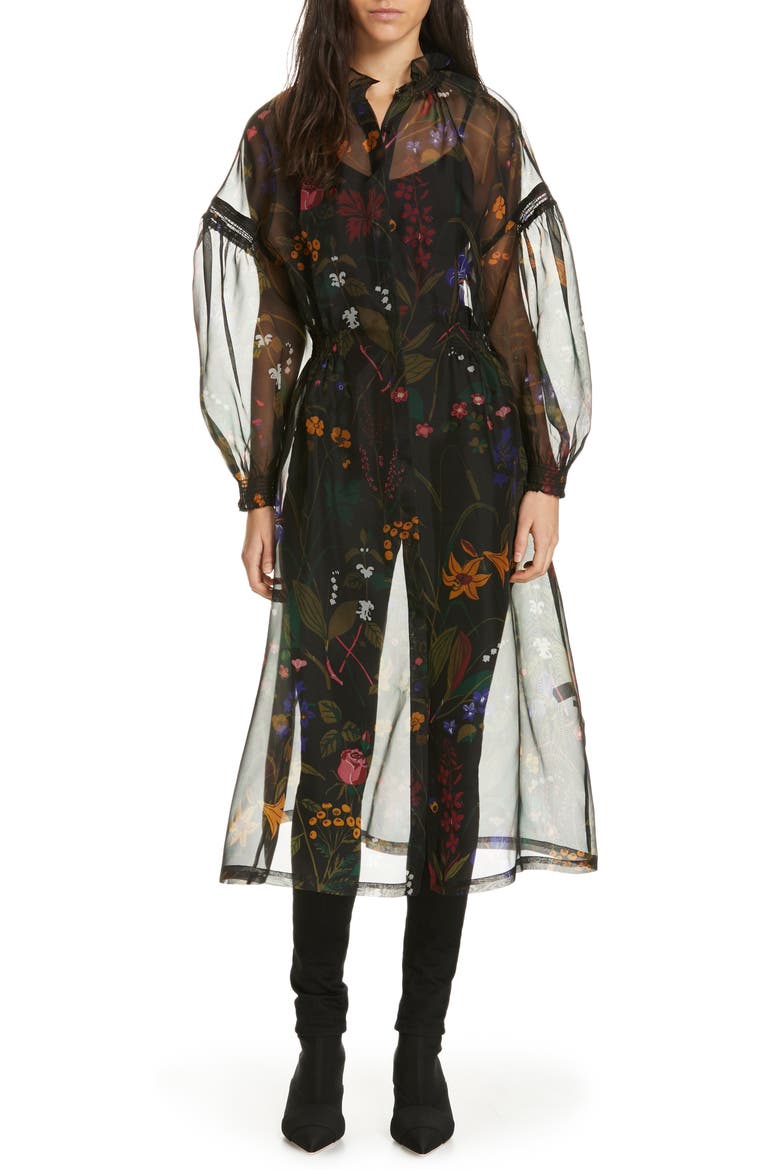 Nanna Floral Print Silk Organza Dress, Main, color, BLACK