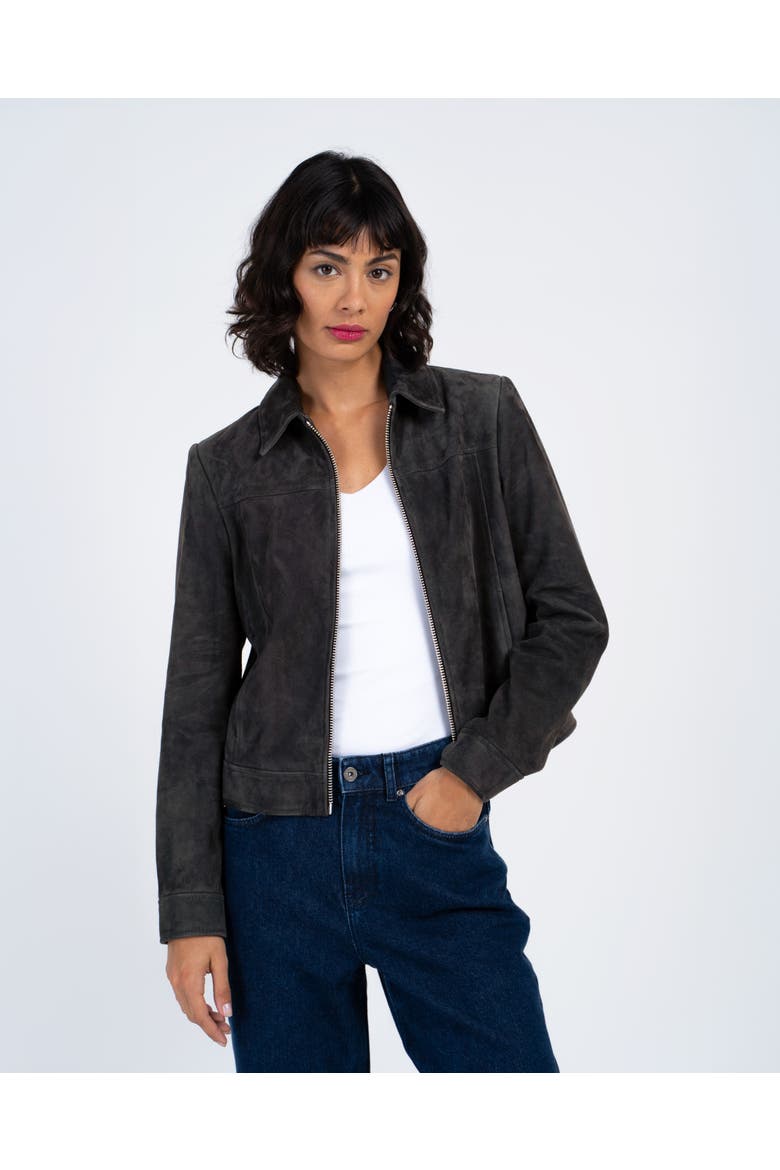 Harper Suede Bomber Jacket, Main, color, Shadow Grey