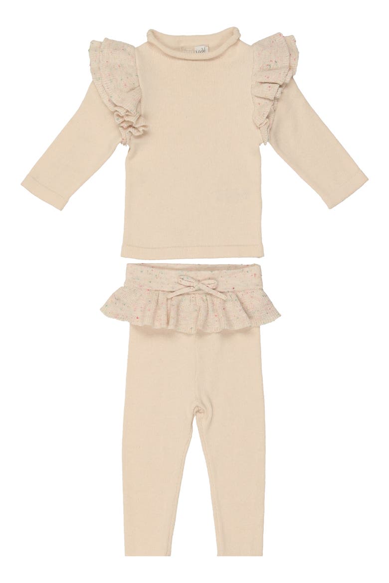 Flecked Ruffle Long Sleeve Cotton Blend Top & Leggings Set, Main, color, CREAM