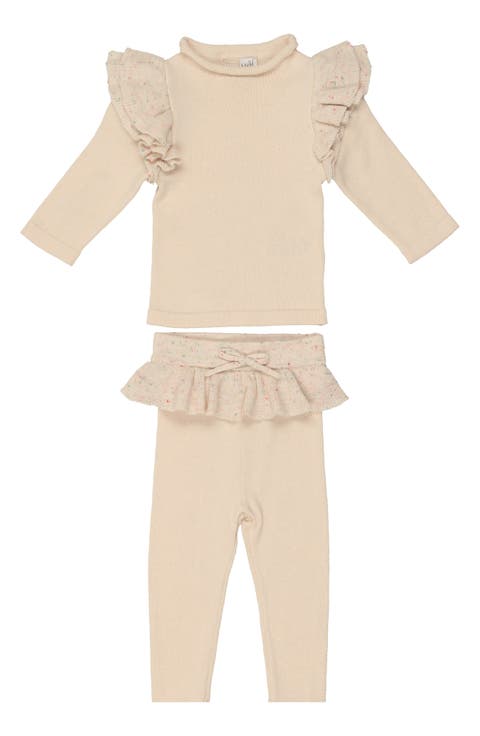 Flecked Ruffle Long Sleeve Cotton Blend Top & Leggings Set (Baby)