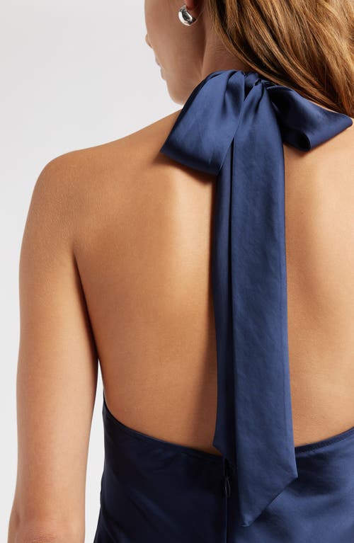 Open Edit Sleeveless Satin Halter Dress In Blue