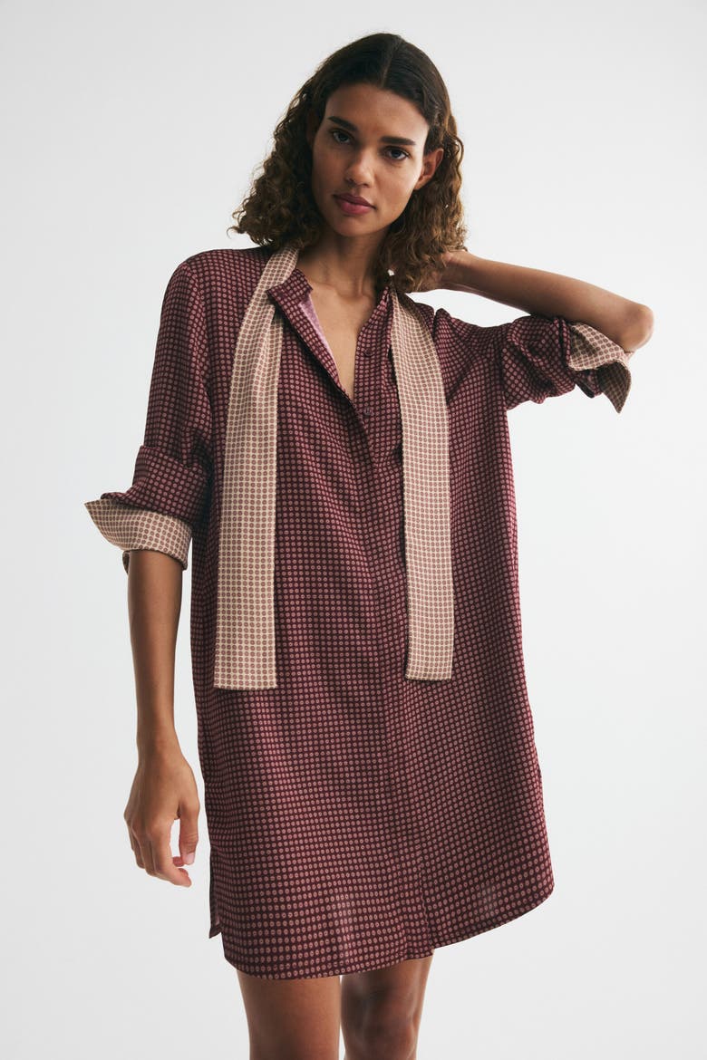 Scarf-collar Button-front Dress, Alternate, color, Dark plum red/patterned