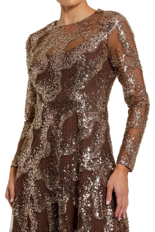 Mac Duggal Embellished Mesh Long Sleeve High Neck Gown In Brown