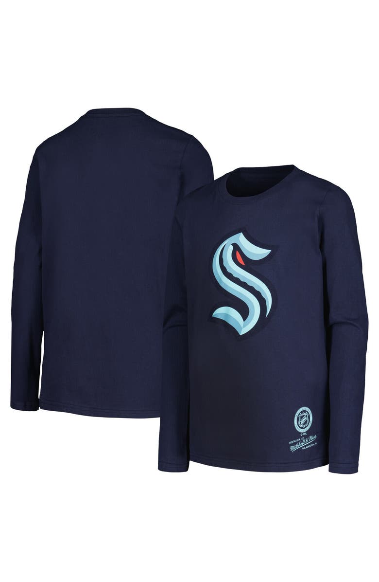 Mitchell & Ness Youth Mitchell & Ness Navy Seattle Kraken Throwback Logo Long Sleeve T-Shirt, Main, color, 