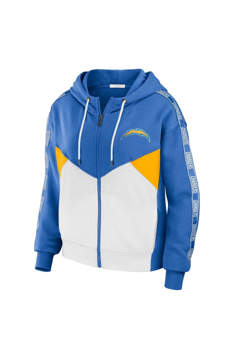 WEAR by Erin Andrews Women's WEAR by Erin Andrews Powder Blue/White Los Angeles Chargers Color Block Light Weight Modest Crop Full-Zip Hoodie, Alternate, color,