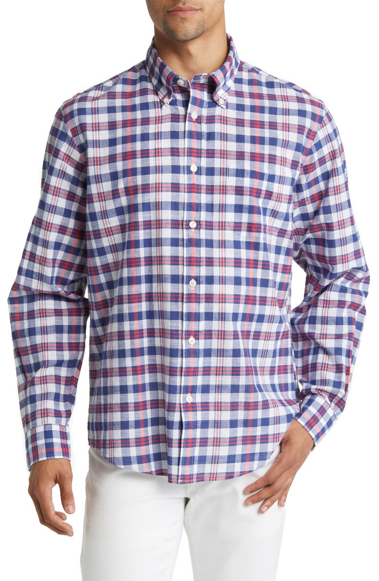 Brooks Brothers Plaid Madras Button-Down Shirt, Main, color, White/ Navy/ Red