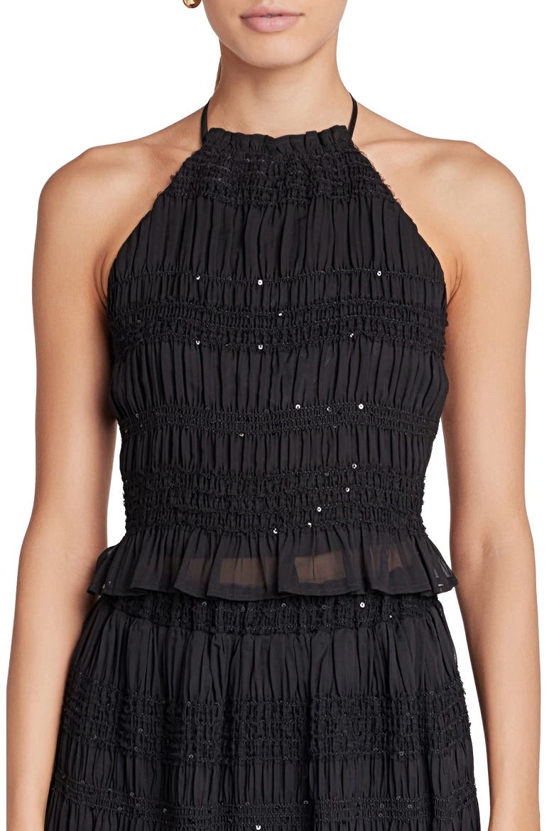 Sequin Shirred Open Back Chiffon Halter Top, Main, color, BLACK