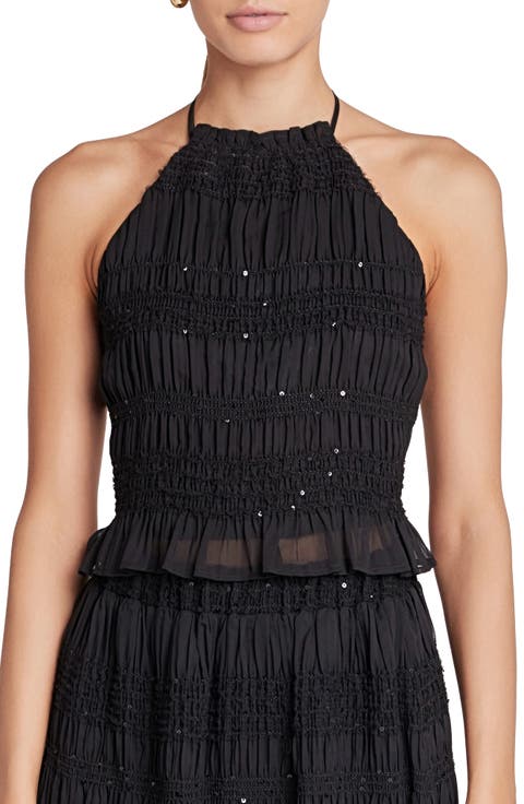 Sequin Shirred Open Back Chiffon Halter Top