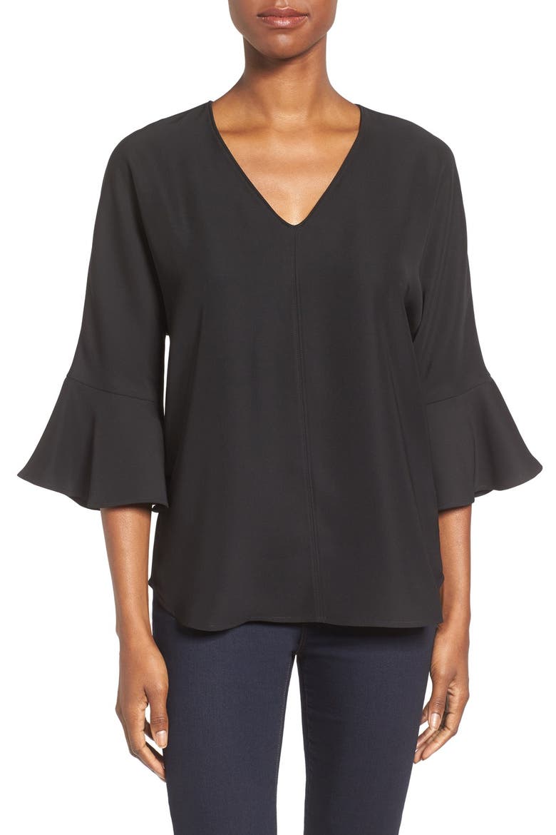 Bell Sleeve V-Neck Top, Main, color, BLACK