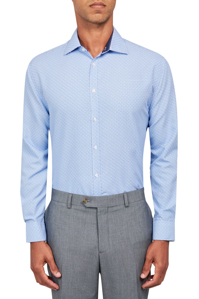 Slim Fit Diamond Geo Print Non-Iron Performance Dress Shirt, Main, color, BLUE