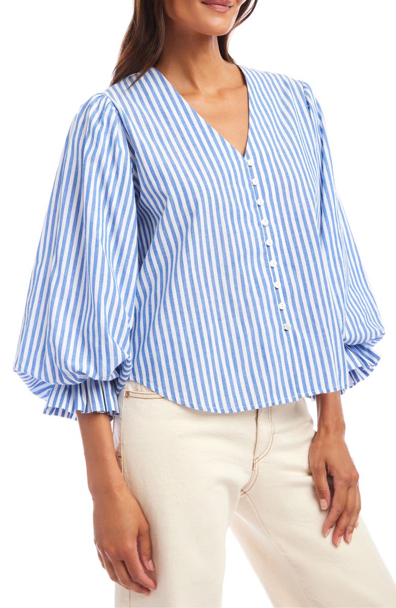 Karen Kane Stripe Ruffle Cuff Cotton Button-Up Top, Alternate, color, Blue Multi