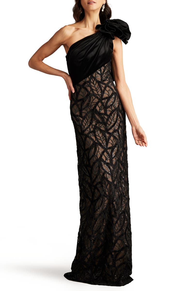 Tadashi Shoji Flower Detail Sequin Lace One-Shoulder Gown, Main, color, 