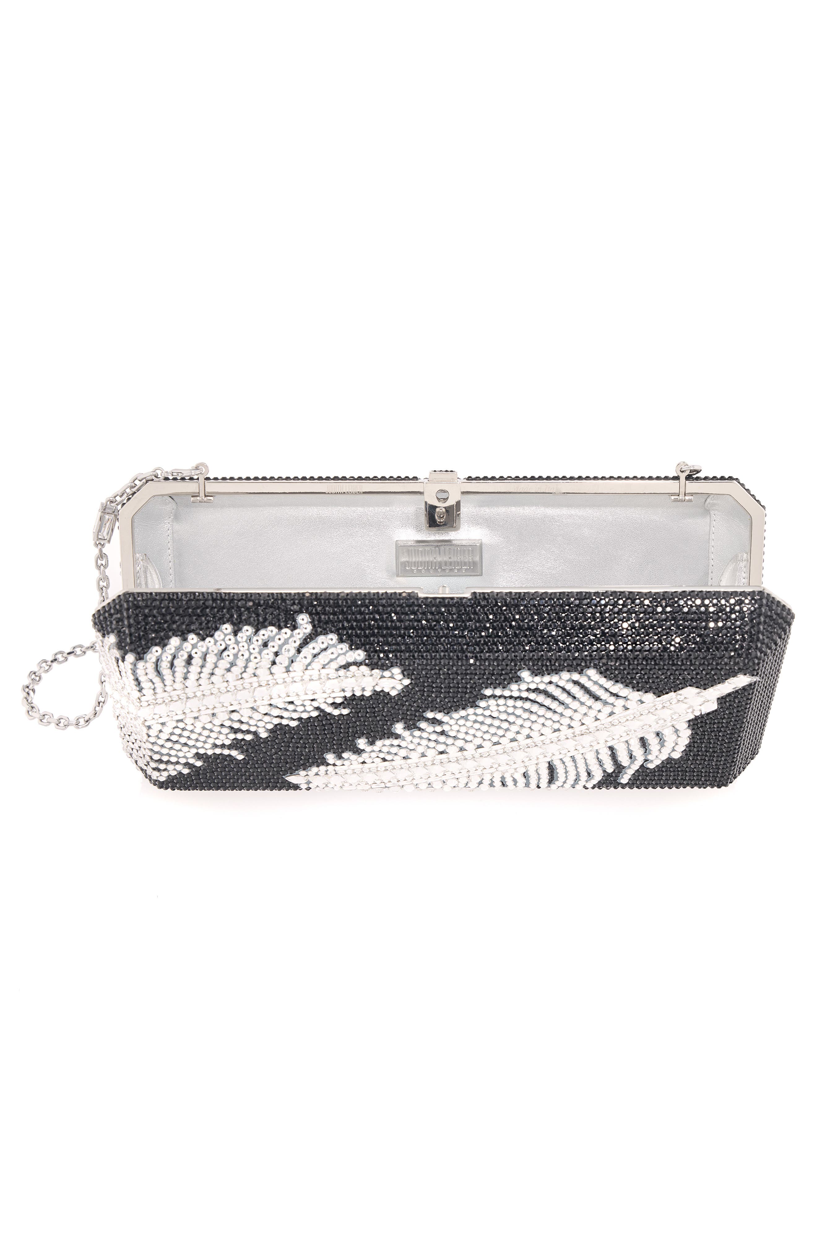JUDITH LEIBER COUTURE Slim Feather Crystal Slide Clutch, Alternate, color, Silver Jet Multi