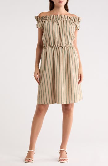 Longchamp Stripe Off-the-Shoulder Cap Sleeve Dress in Beige at Nordstrom Rack, Size 38