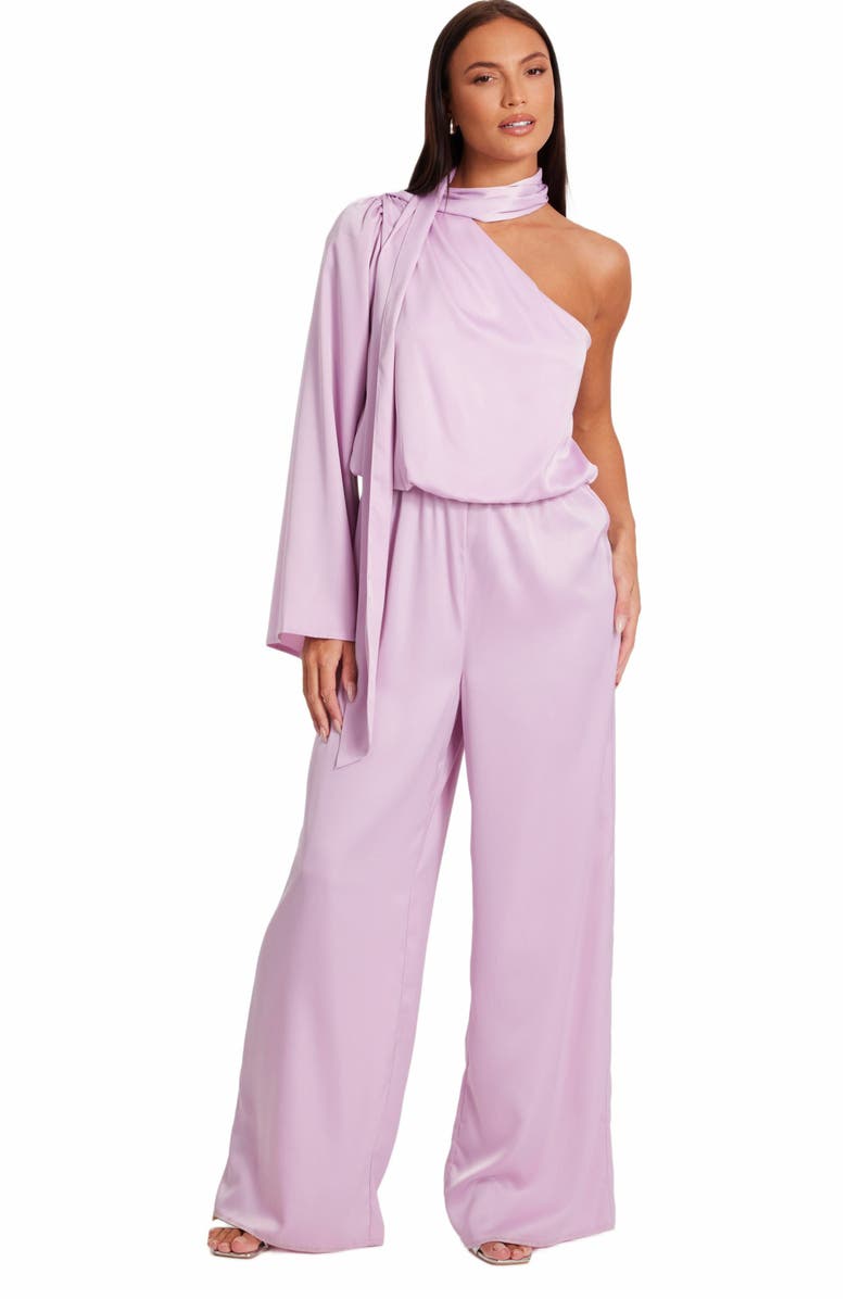 QUIZ One Sleeved Satin Jumpsuit With Scarf Detail, Main, color, Lilac